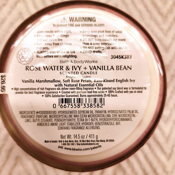 BATH & BODY WORKS ROSE WATER & IVY + VANILLA BEAN 3-WICK CANDLE 14.5 oz NEW RARE - Picture 3 of 5